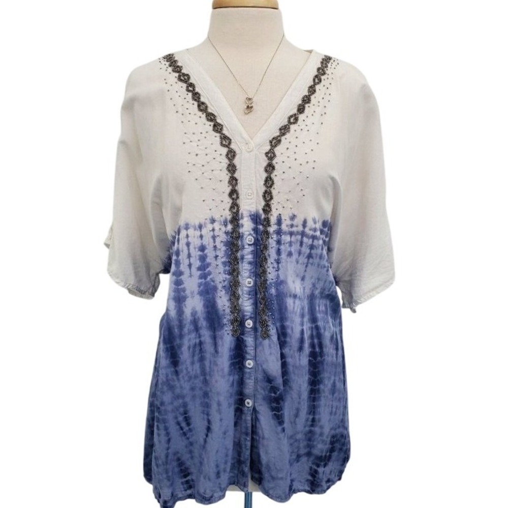 Catherines Tie Dye Beaded Button Blouse Top Plus Size 2X Short Sleeve Blue White